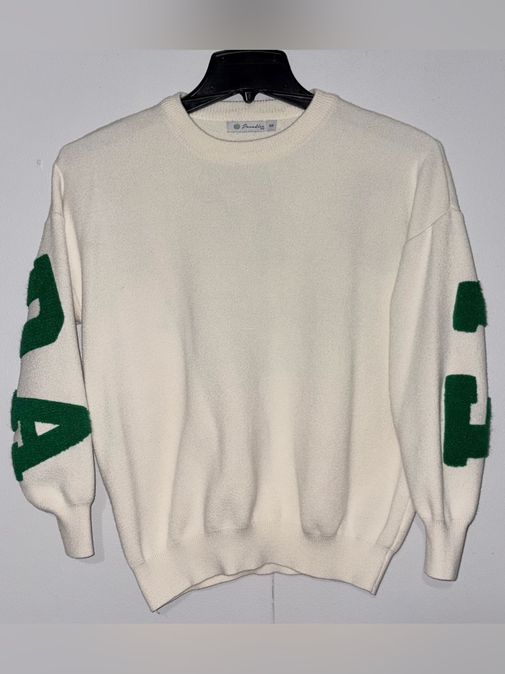 Paradise USA S/M Pensacola Beach Ivory Green Varsity Letter Sweater Coastal
